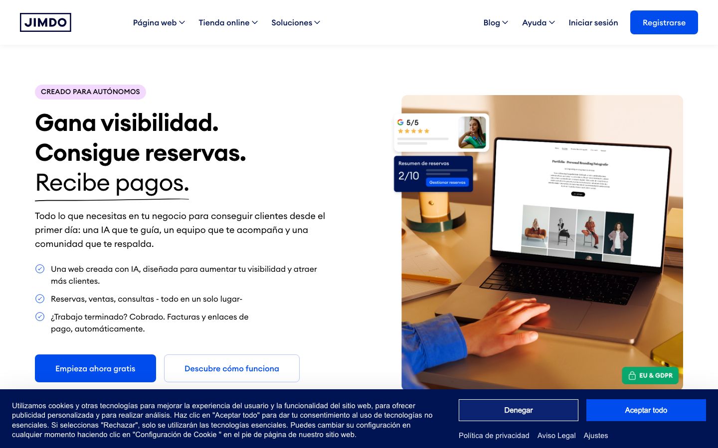 Capture d'écran du site de Jimdo