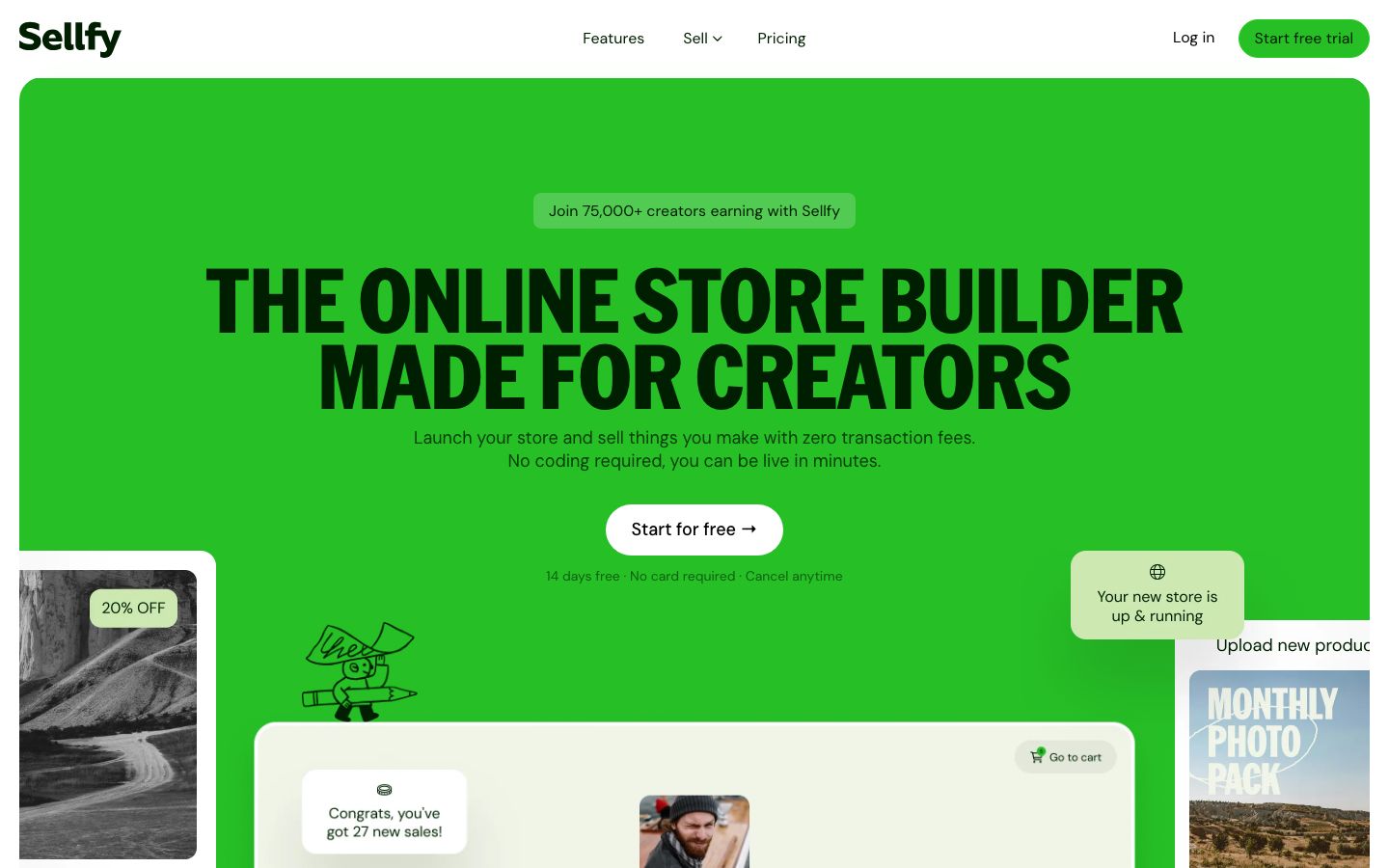 Capture d'écran du site de Sellfy